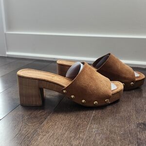 Cognac Suede Studded Platform Mules